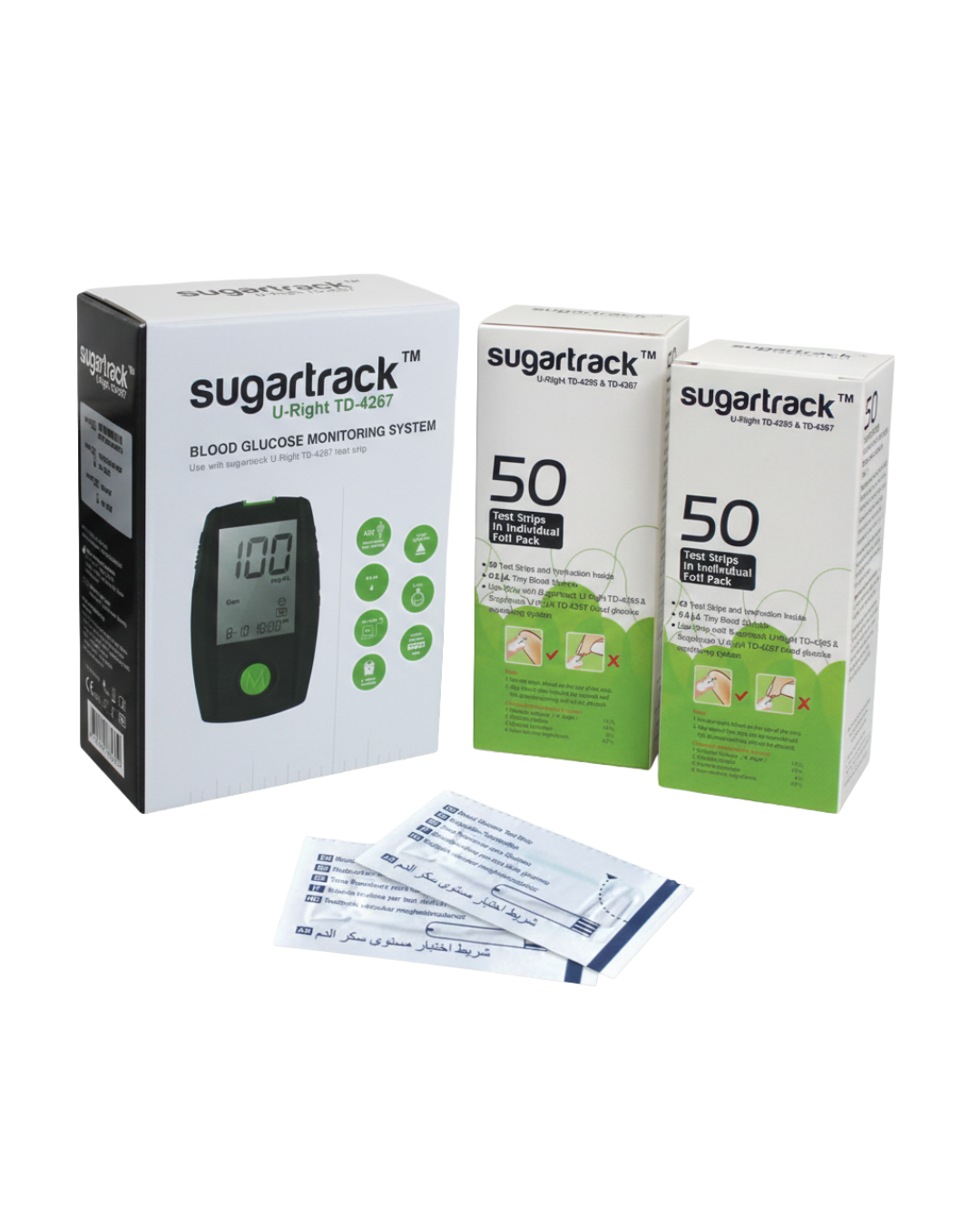 Sugartrack Blood Glucose Monitor | 100 Strips (2 Foil Packs) | 100 Lancets (The Quarterly Pack)