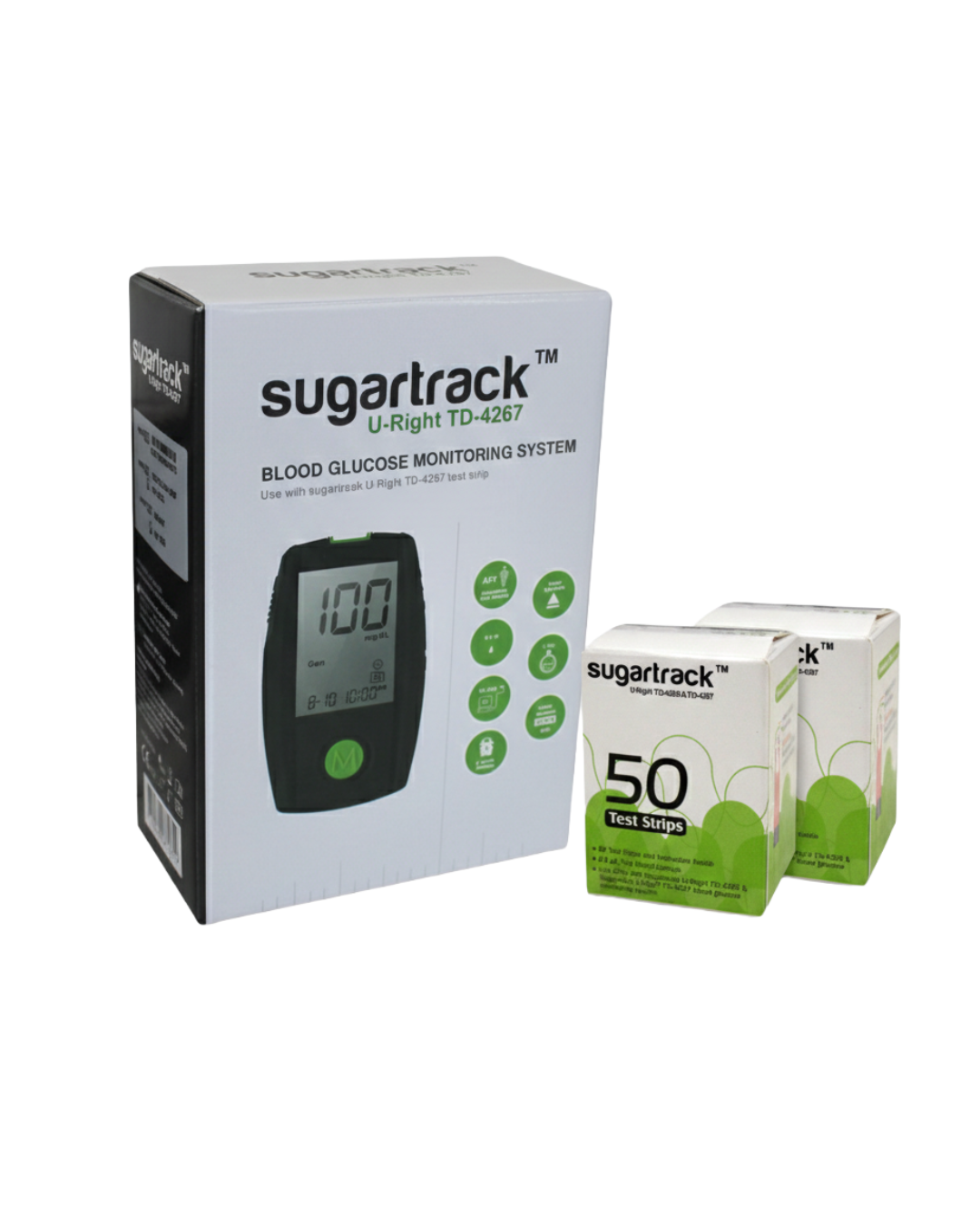 Sugartrack Blood Glucose Monitor | 100 Strips (2 Vial Packs) | 100 Lancets (The Quarterly Pack)